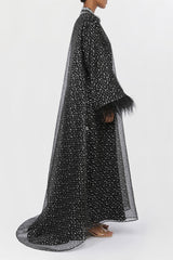 عباءة هوت كوتور من قماس الجورجيت الفضي والحرير الأسود  EDHC2201