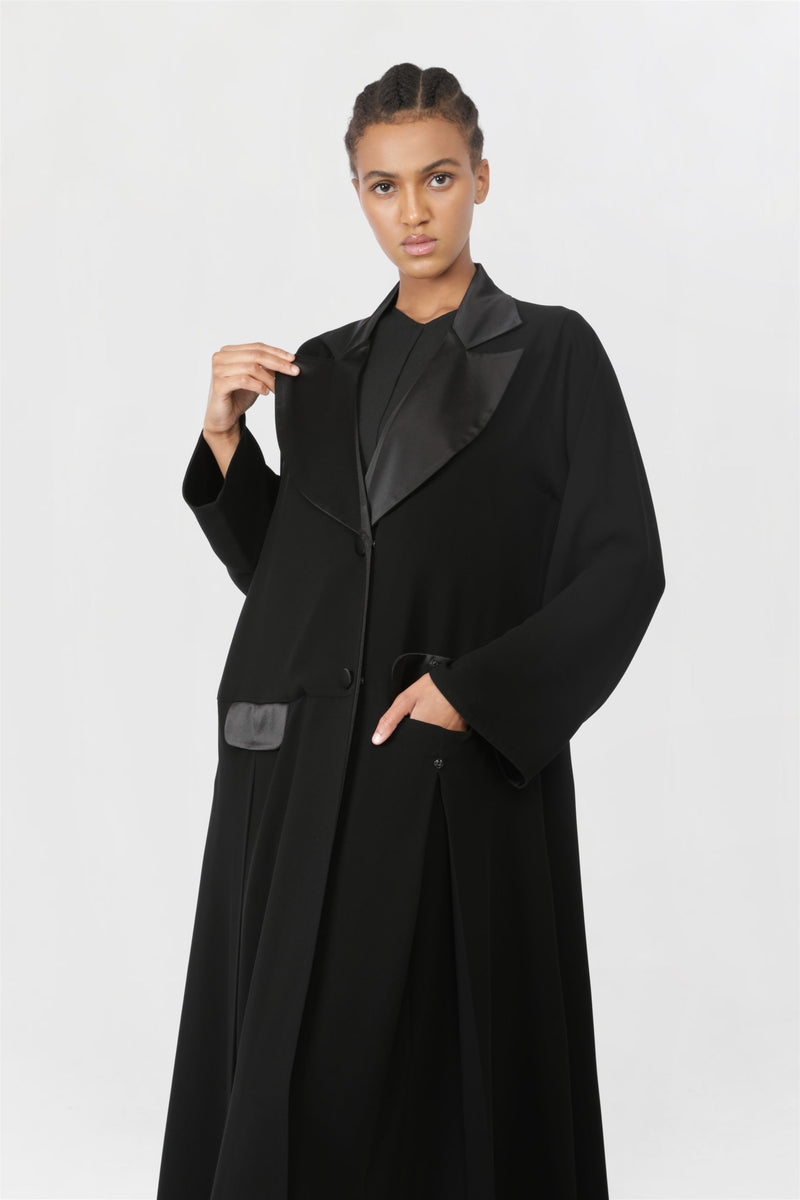 Front Flap Silk Pockets Black Abaya ED2204