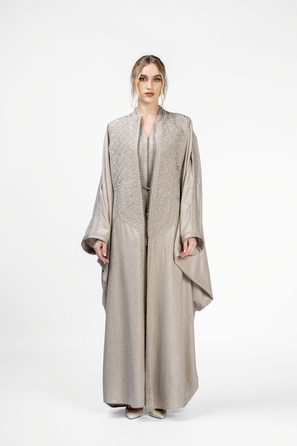 RMDM2401-BRN Sands Of Marrakech Tan Linen Abaya- Full set