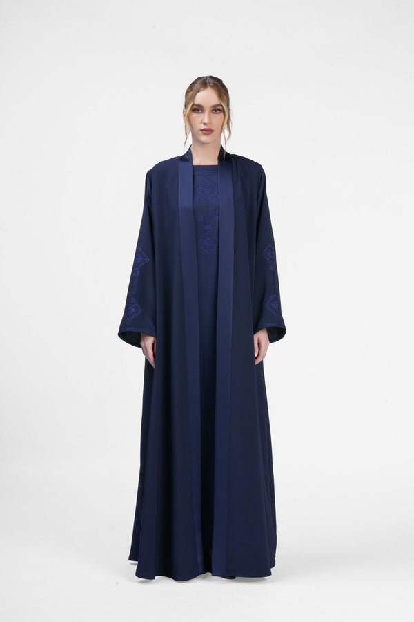 RMDT2401-DB Geometric Elegance Blue Crepe Silk Abaya