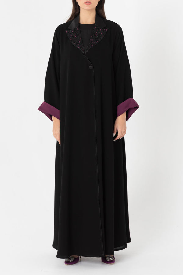 Abstract Embroidered Notched Collar Abaya RMD2212