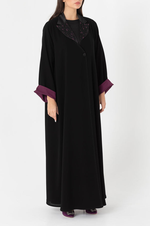 Abstract Embroidered Notched Collar Abaya RMD2212
