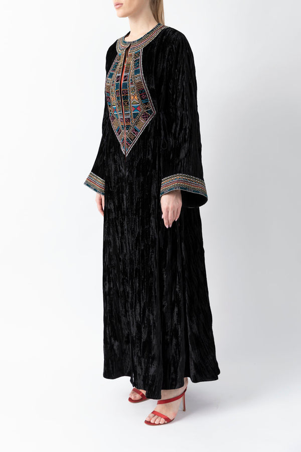Sadu Art Multi-Colored Embroidery Black Velvet Abaya WV2201