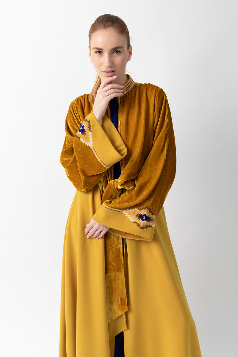 Sadu Art Embroidery Layered Yellow Velvet Abaya WV2204