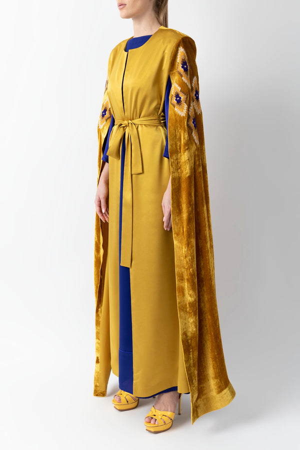 Sadu Art Inspired Embroidery Yellow Velvet And Pure Silk Abaya WV2205