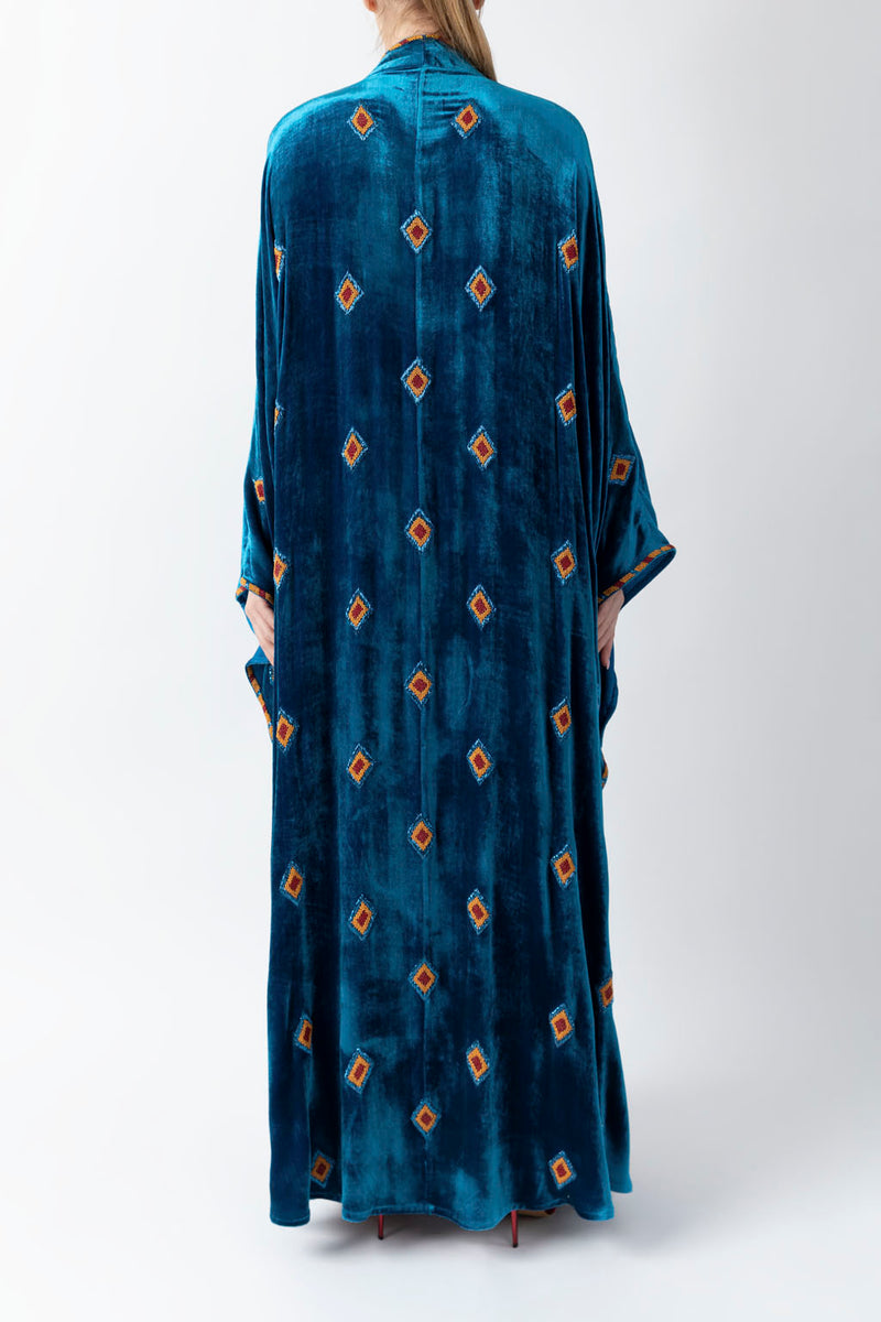Exclusive Sadu Art Inspired Embroidery Yale Blue Velvet Abaya WV2222