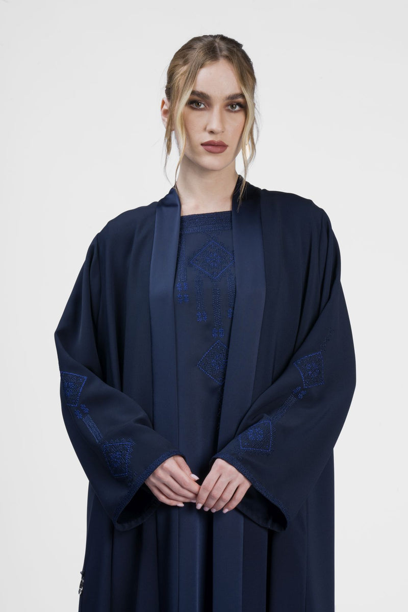 RMDT2401-DB Geometric Elegance Blue Crepe Silk Abaya
