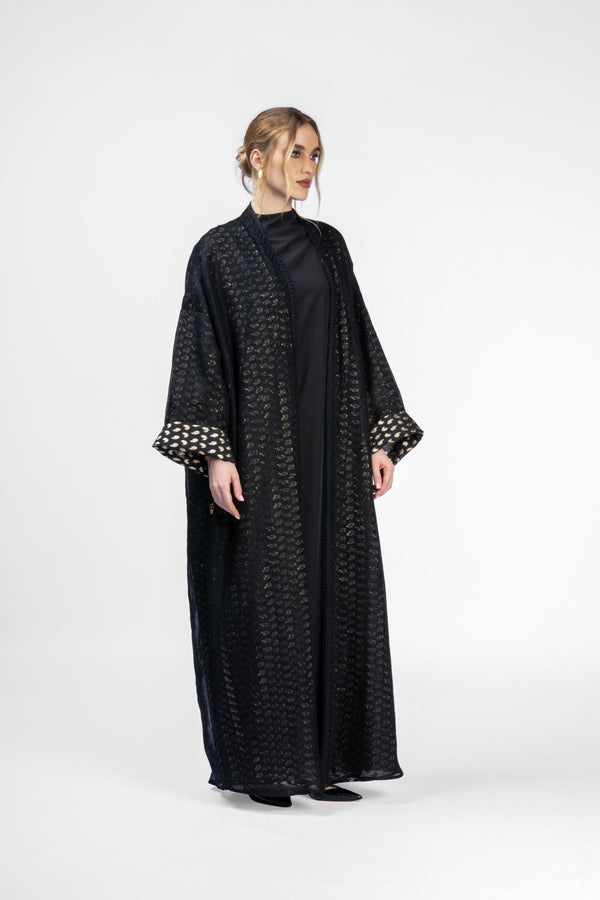 RMDB2402-G  Onyx Nobility Kimono Abaya with Hand Crafted Embroidery Details in Gold
