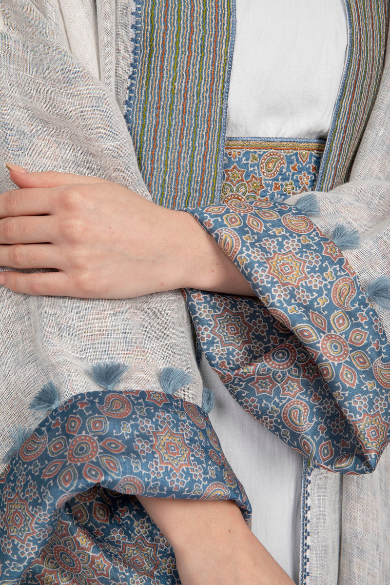 RMDSB2302 Double Layered Off-White Mesh and Printed Georgette Kimono